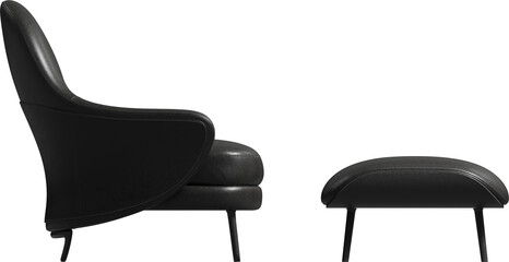 Side view of modern black leather armchair with ottoman - obrazy, fototapety, plakaty