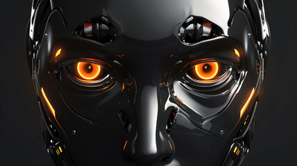 A robotic graphical vector face with glowing LED eyes and metallic features, conveying a sense of...