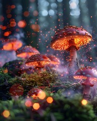Mystical portrait of bioluminescent mushrooms with vibrant colors in a dark enchanted forest setting