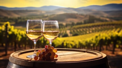 two glasses of wine on a wooden barrel with grapes with a beautiful view of the sun-drenched vineyards - obrazy, fototapety, plakaty