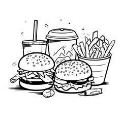 food, burger, hamburger, fast, sandwich, vector, drink, illustration, meal, fast food, fries, cheese, lunch, soda, cheeseburger, dinner, cartoon, pizza, meat, lettuce, icon, snack, menu, cola, french,