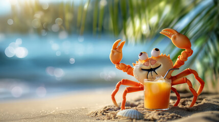 A whimsical orange crab with exaggerated cartoon eyes sits on a sandy beach, raising its claws, with a glass of orange juice next to it, palm leaves and the sparkling ocean in the background. Copy spa - obrazy, fototapety, plakaty