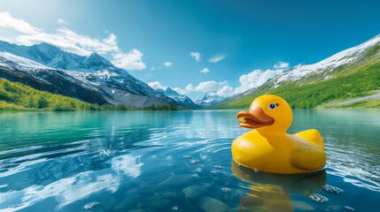 A yellow rubber duck floating on a clear mountain lake with snowy peaks and green foliage in the background.