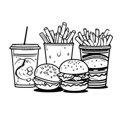 food, burger, hamburger, fast, sandwich, vector, drink, illustration, meal, fast food, fries, cheese, lunch, soda, cheeseburger, dinner, cartoon, pizza, meat, lettuce, icon, snack, menu, cola, french,