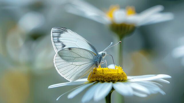 A serene image of a delicate butterfly resting peacefully on the delicate petals of a white daisy, its wings a beautiful contrast against the bright bloom.