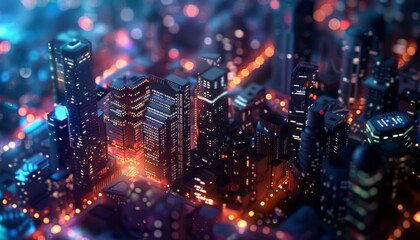 A dazzling miniature effect of a nighttime city with glowing skyscrapers and the hustle of urban life