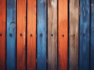 Fototapeta premium Bright wooden fence stands out with vibrant orange and blue hues