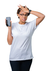 Young african american woman showing smartphone screen over isolated background stressed with hand on head, shocked with shame and surprise face, angry and frustrated. Fear and upset for mistake.