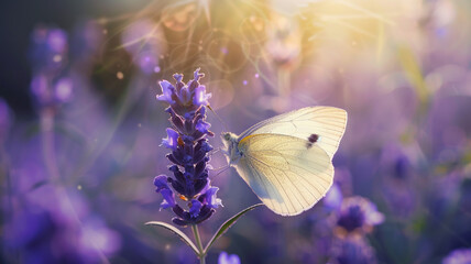 Detail of a butterfly delicately perched on a purple flower, its wings shimmering in the sunlight,...