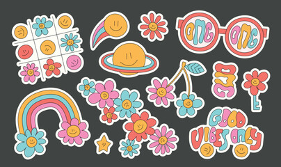 Groovy cartoon hippie love sticker pack. Hippie 60s, 70s style flowers, daisy, rainbow, glasses, cosmic