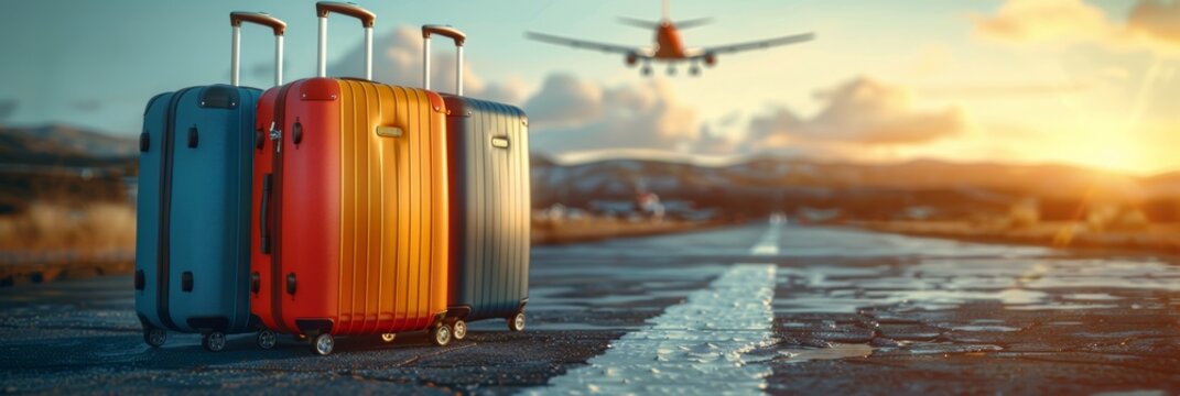 Airport scene: Travel luggage and airplane on the tarmac
