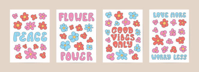 Retro groovy cartoon hippie cards set. Trippy poster with psychedelic flowers, quotes for print. Flower power. Love more worry less. Good vibes only