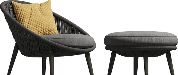 Side view of outdoor dark gray cord lounge armchair with ottoman