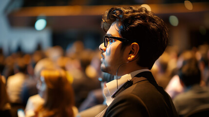A man in a formal suit attentively participating in an audience-focused professional event