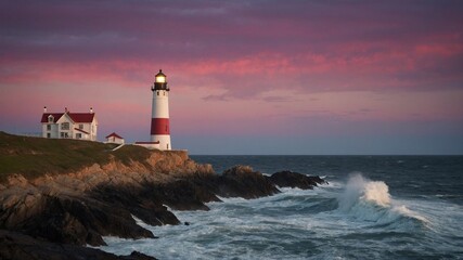 Fototapeta na wymiar Lighthouse, with its light on, stands majestically atop rocky cliff, overlooking tumultuous sea waves crashing against rocks. Sky, painted with hues of pink, purple from setting sun.