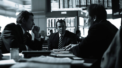 Three men engaged in a serious business meeting at a law firm in black and white - obrazy, fototapety, plakaty