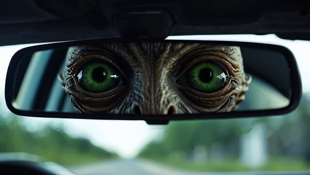 Alien eyes in rearview mirror close-up