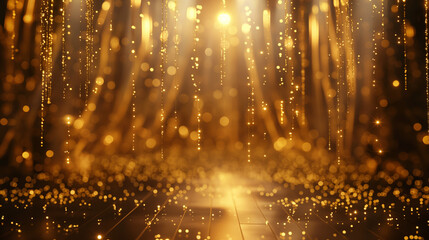 Beautiful bokeh lights with golden hue over a shiny golden background evoking a festive mood - obrazy, fototapety, plakaty