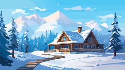 Mountain lodge. Winter landscape. Flat design. Gues