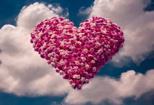 Heart made from clouds with rose flowers