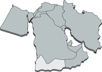 Silver simple blank political map of YEMEN with thick black borders on transparent background using orthographic projection of the dark gray Middle East