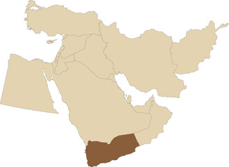 Dark brown detailed blank political map of YEMEN with black borders on transparent background using orthographic projection of the light brown Middle East