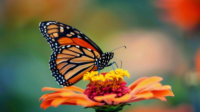 A close-up shot of a colorful monarch butterfly sipping nectar from the heart of a bright orange zinnia flower, its delicate wings fluttering gently in the breeze.