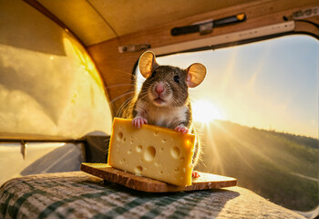 Rat eating cheese next to camping trailer rv - obrazy, fototapety, plakaty