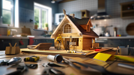 Miniature model of a house under construction, concept for architecture, renovation and design - obrazy, fototapety, plakaty