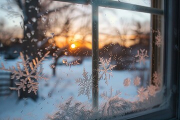 Icy Snowflakes and Warm Sunrise through Window