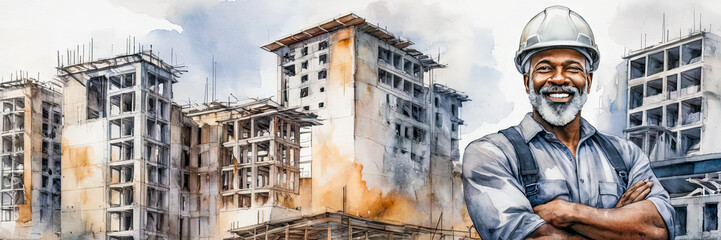Banner - watercolor illustration black middle -aged construction engineer in helmet on construction site, with buildings at backdrop.Architectural Engineering,Concept of Urban Development.
