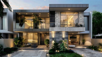 Modern contemporary style villa with large windows and glass doo