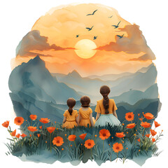 A joyful 3D animated cartoon render of a happy mother and kids watching a sunset.