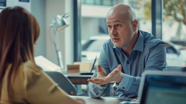 a realistic photograph of a balding, cocky, arrogant, gloating middle-aged car salesman negotiating with a confused-looking female customer in her 30s.