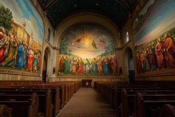 Church Interior with Jesus Mural and Stained Glass