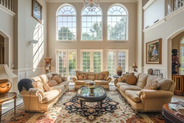 Classic Living Room with Arched Windows and Natural Sunlight