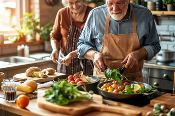 Happy seniors prepare vegan food at home in modern kitchen. Generative AI - obrazy, fototapety, plakaty