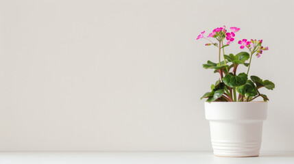 Pink geraniums in a white pot on a bright surface with space.