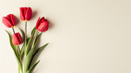 Bunch of red tulips lying on a beige surface with space for text.