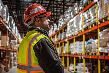 Warehouse Worker Overseeing Safety in Storage Facility