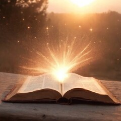Light coming out of open book pages. Learning, education, knowledge and religion concept.