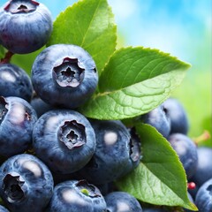 Fresh raw blue berries blueberry with green leaves. Healthy super food. Generative AI