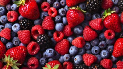A pile of mixed berries featuring blueberries and raspberries