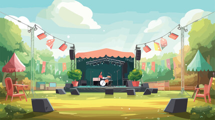 Music festival stage in summer park. Vector cartoon