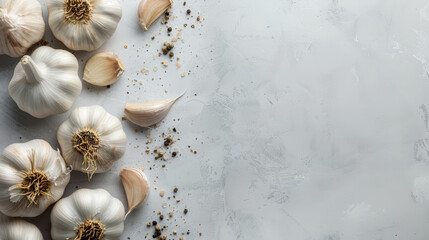 Fototapeta na wymiar Fresh garlic bulbs scattered on a light grey surface.