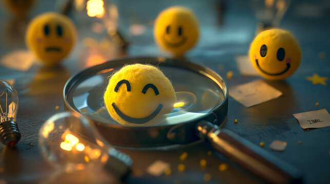 A playful image featuring a yellow happy face emoji under magnifying glass among stars, light bulb and paper pieces, showcasing themes of positivity, joy, and discovery
