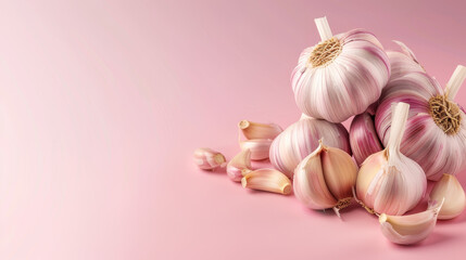 Garlic cloves on a soft pink backdrop.