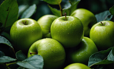 Ripe green apples in fruit orchard ready to be harvested against a leaf background