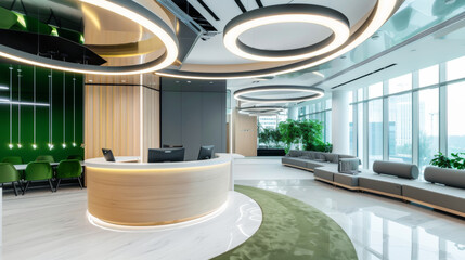 Fototapeta premium A modern office lobby with a large potted plant in the center and a couch in the corner