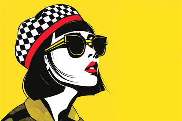A pop art illustration of an Asian woman wearing sunglasses and a checkered hat, with bold black lines on a yellow background